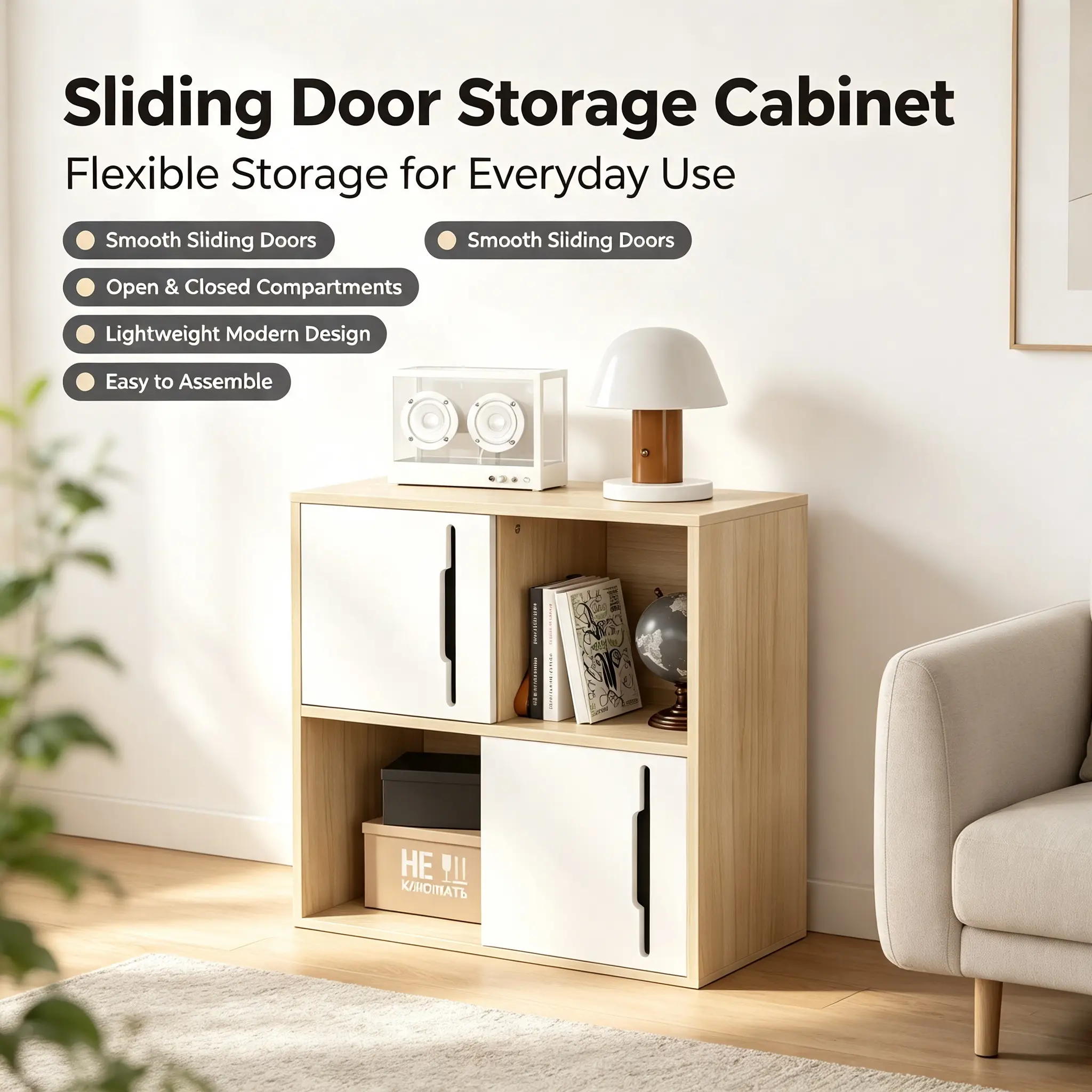 Modern Storage Cabinet with Sliding Doors, Wooden Organizer with Open & Closed Shelves, Display & Hidden Storage for Living Room, Bedroom, Kids Room, 60W x 30D x 60H cm