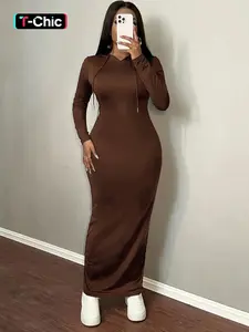 Women's Casual Basic Fashion Hooded Knit Sweatshirt Dress, Fit, Casual Fashion Fitted, Long Sleeve Drop Shoulder Design, Fall & Winter New Arrival, Comfortable Daily Wear, Minimalist
