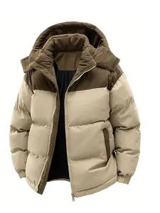 Men’s Casual Fleece Lined Winter Coat with Hood, Removable Hood, Warm Color Blocked Cotton Jacket, Couples’ Style Winter Cotton Coat, Outerwear Top, Warm Color Blocked Cotton Jacket for Couples
