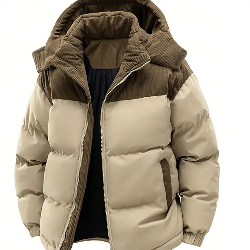 ColorArea Menswear Casual Hooded Insulated Jacket - Men’s Retro Fleece-Lined Detachable Hood Patchwork Winter Coats, Long-Sleeve Couples’ Style Khaki Outerwear