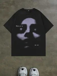 Trendy Men's Halftone Face Graphic Oversized T-Shirt, Navy Blue Gothic "Inner Peace" Print Crewneck Short Sleeve Top, Y2K Dark Streetwear for Street Style & Daily Wear #MensDarkStreetwear #FaceGraphic #Y2KFashion