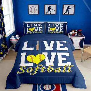 Softball Comforter Setsports Theme Bedding Set for Kids Girls Women,Adults Abstract Softball Comforter,Yellow and Blue Quilted Duvet Set,Bedroom Collection
