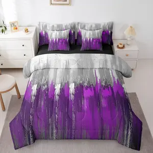 White Purple 7 Piece Bedding Set,Greyish Gradient Comforter Set with Sheets Vintage Patchwork Printed Abstract Art Bed in a Bag Contemporary Ombre Graffit for Teens Men Women