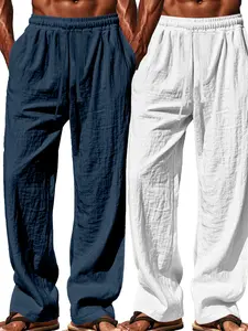 2pcs Men's Loose-Fit Casual Linen Harem Pants, Hip-Hop Beach Sports Long Trousers, Best Holiday Gift, Solid Pattern