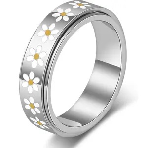Unisex Daisy Rotating Stress Relief Ring, Stainless Steel Floral Spinner Ring, Fashion Casual Jewelry Sweet Gift