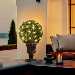 Pre-lit Light Topiary Tree, 40.6 cm Garvee Artificial Topiary Ball, with Timer and Remote Control, Faux Veranda Tree with Red Urn Base for Elegant Indoor Home Decor