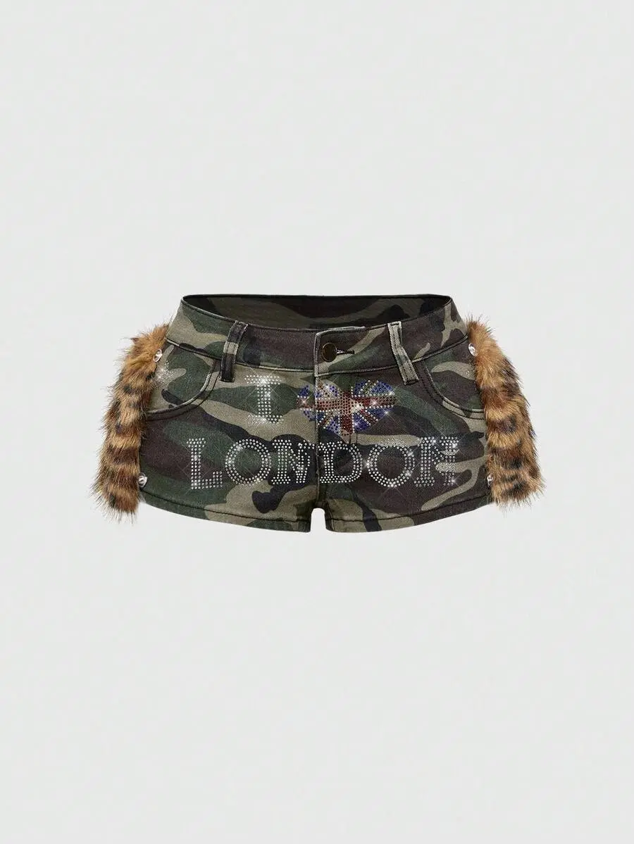 Y2K Camo Rhinestone Micro Shorts Women Low Rise Denim Hot Shorts Kpop Baddie Festival Outfit Army Green Mini Booty Shorts Streetwear