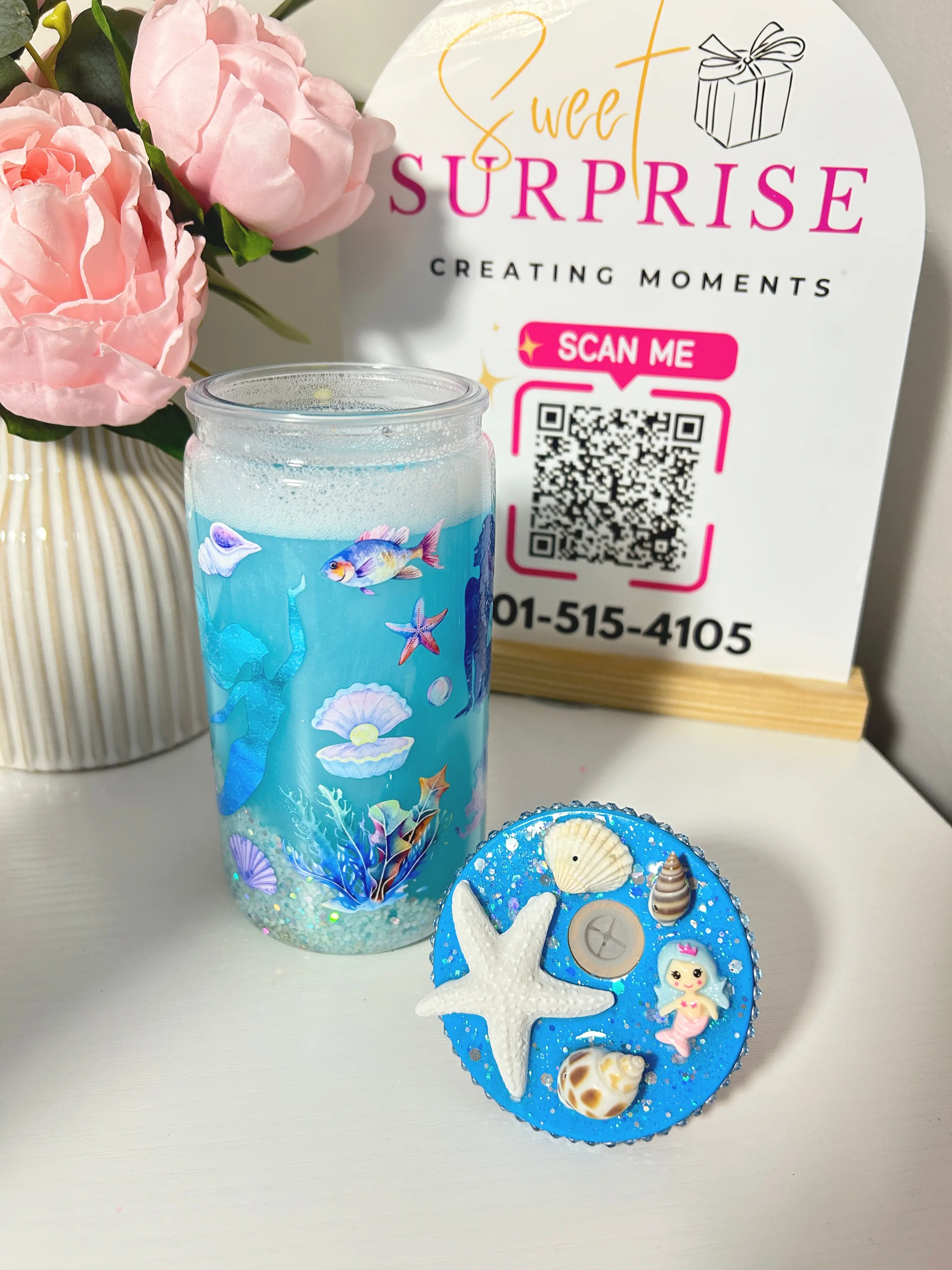 Handmade Mermaid Aesthetic Glitter Durable Reusable Water Bottle Tumbler - Lightweight Kitchenware Cup with Straw, Decorated Lid with Seashell Details for Beach Outdoor Hydration