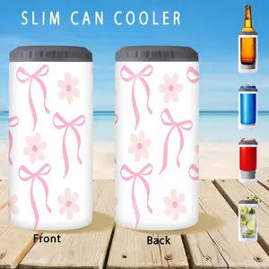 1pc/12oz/350ml,Slim Can Cooler,Insulators,Doucle-Walled Stainless Steel Insulated Slim Cans,2-in-1 Insulated Can Cooler Cup,Pink Flower and Bow Pattern,Suitable For Celebrating Birthdays And Anniversaries,Fun Gifts For Friends