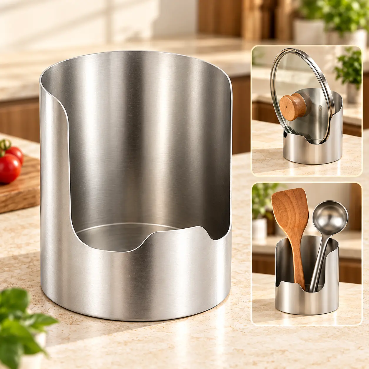 Stainless Steel Handy Spoon Rest & Pot Lid Holder, Multifunctional Kitchen Utensil Stand for Ladles, Spatulas, Chopsticks, Countertop Organizer