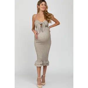 Mocha Gingham Print Smocked Fitted Self-Tie Maternity Midi Dress