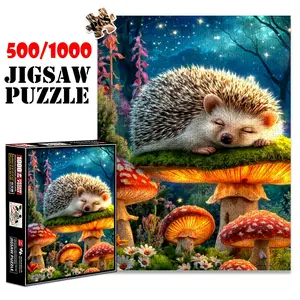 1pc 1000 piece adult puzzle 70x50cm Sleeping Hedgehog on Mushroom in Magical Forest 500 pieces of Colorful paper jigsaw puzzle, suitable for adults and families, large-scale DIY puzzle interactive toy games