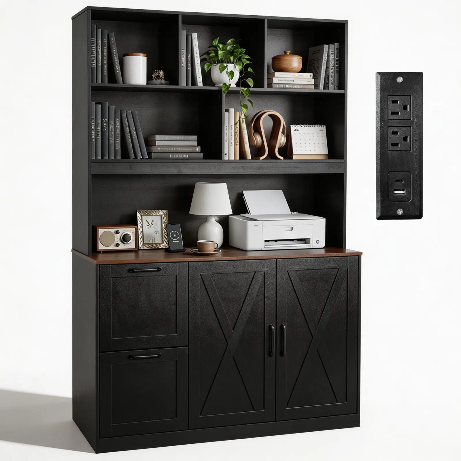72 Inch Tall Vintage Rectangular Engineered Wood Bookshelf 2 Drawer File Cabinet with Power Outlet 3 Tier Open Shelves Closed Storage Multifunctional Printer Stand for Office Living Room home furniture