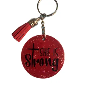 Loom & Legend - “She is Strong” Red Glitter Keychain with Red Tassel