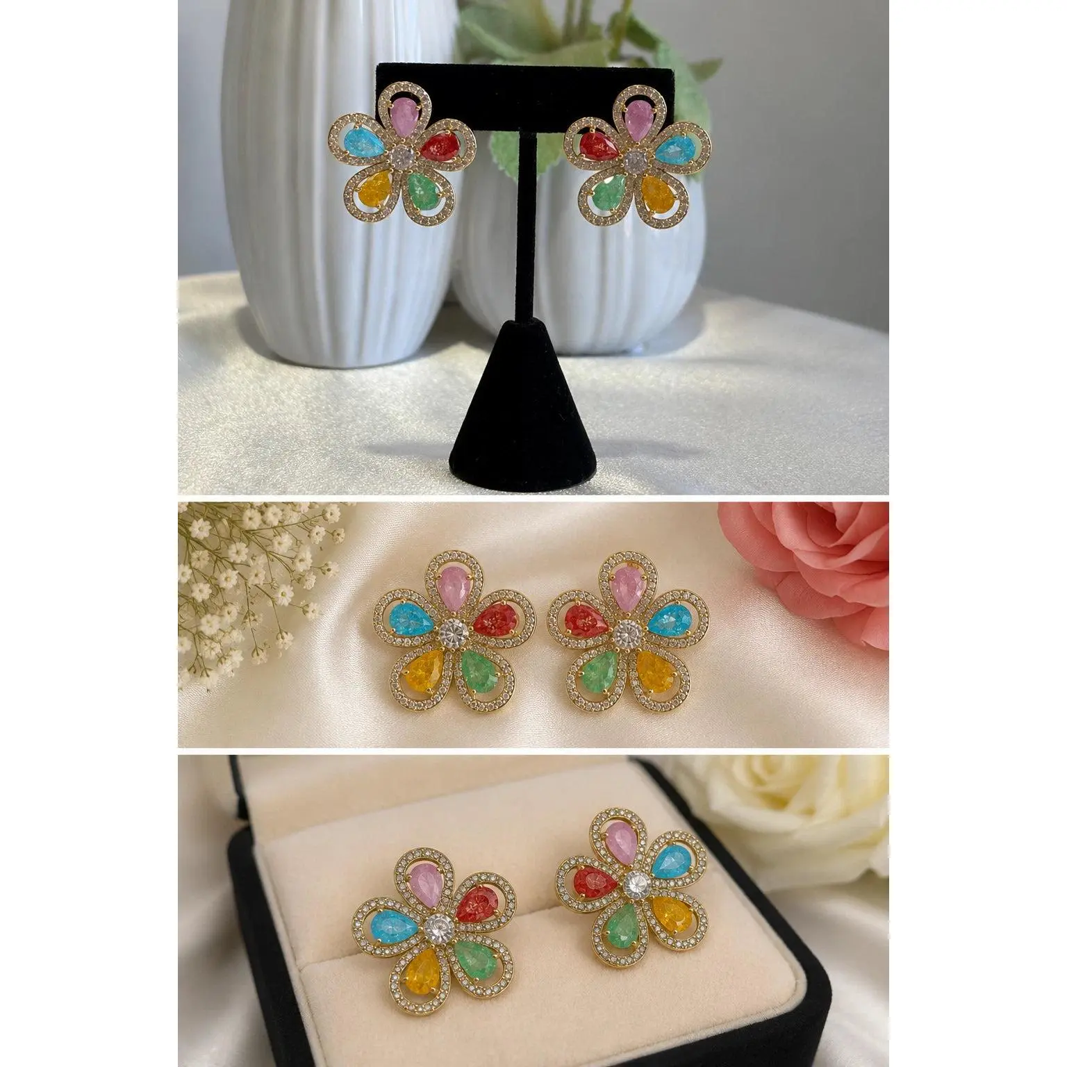 Multicolor Flower CZ Gold Tone Stud Earrings Pakistani Indian Jewelry