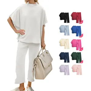 Women's 2 Piece Outfits Lounge Set 3/4 Batwing Sleeve Capelet Crew Neck Pullover Tops Wide Leg Pants Travel Set TikTokShopBlackFriday