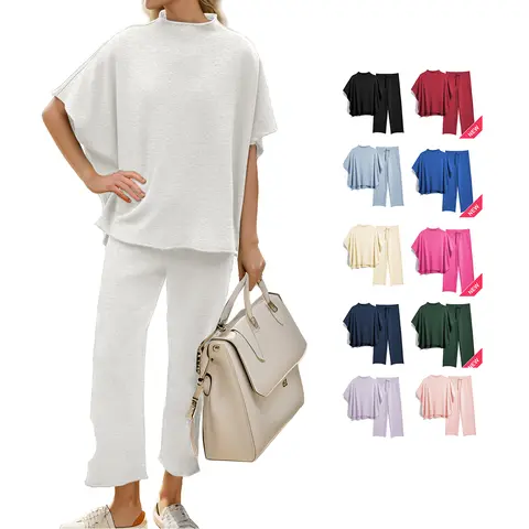 Hixiaohe Women's 2-Piece Casual Trendy Outfits Inspo Set - 3/4 Batwing Sleeve Capelet Crew Neck Pullover Top, Comfy Wide Leg Pants, Travel-Friendly for Beach, Dating, Running Women's Clothing Set,sohochic