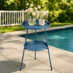 Patio Small Side Table, Round 2 Tier End Table, Metal Round Coffee Table forSmall Spaces Indoor Outdoor Living Room Bedroom Balcony Office