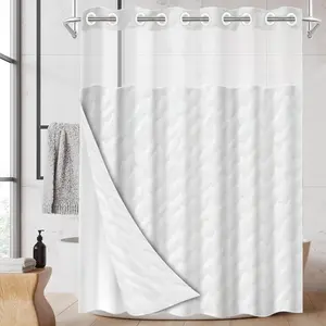 1pc hookless shower curtain with buckle lining, white textured design, 2D flat printing, fabric waterproof lining, see-through double-layer shower curtain, 71 x 74 inches, modern home draping curtain.