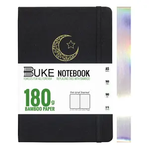 BUKE Dotted Journal,A5 Hardcover Dot Grid Notebook 180Gsm Bamboo White Paper, 5 * 5MM Dots 160 Pages, Lay Flat Binding,Colored Silver Edges, Bookmarks and Expandable Back Pocket MOON