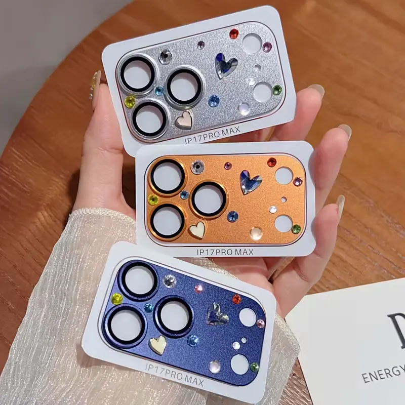 Handmade Heart Rhinestone Camera Lens Protector For iPhone 17 Pro Max, Bling Metallic Frame HD Tempered Glass Anti-Scratch Dustproof Decorative Phone Camera Sticker Cover