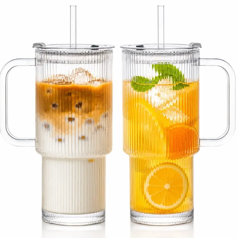 2PCS Glass Cups With Handles and a straw