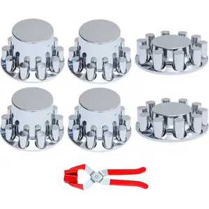 Axle Cover Chrome ABS Flat Top Combo Kit with 33mm Thread-on Lug Nut Covers 2 Front and 4 Rear Axle Wheel Covers and Removable Center Caps for Semi Trucks