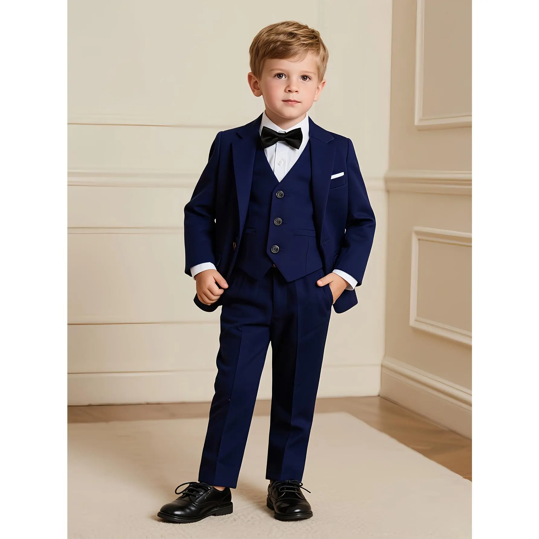 Boys' 4-Piece Formal Suit Set, Solid Color Children's Blazer, Vest, Pants, and Bow Tie Outfit (Shirt Not Included), Solid Color Suit, Clothes Kids
