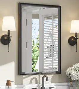 Rectangular Black Metal Framed Mirror 24'' x 36'' Inward Curved Bathroom Mirror with HD Reflection & Enhanced Brightness