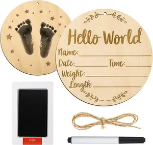 Baby Announcement Sign 5.9 Inch Round Birth Nursery Name Signs with Ink Pad for Hand & Footprints Wooden Hello World Newborn Sign for Photo Prop