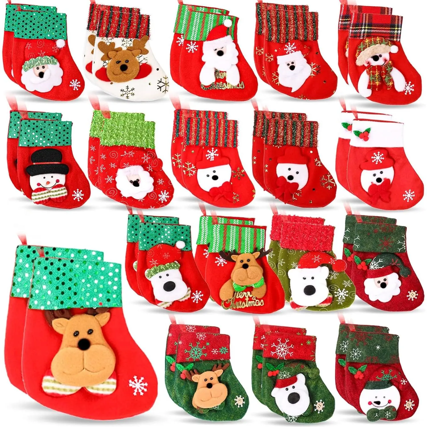 Mini Christmas Stockings 36 Pcs 6.8 Inch Reindeer Santa Red Green Bulk for Tree Fireplace Home Decor Gift for Her