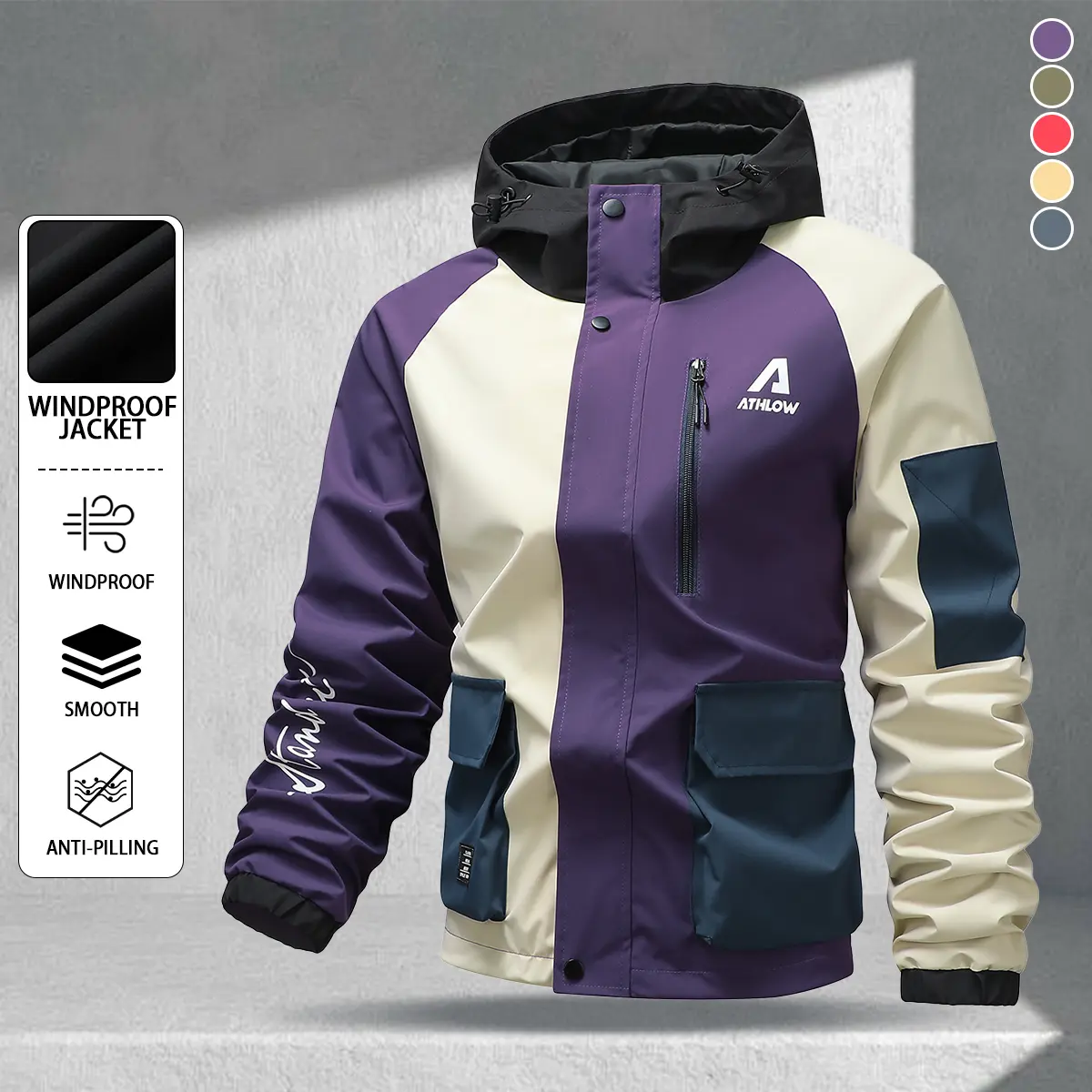 Men’s outdoor functional color-block hooded jacket | Contrast multi-pocket hardshell jacket  Loose, versatile casual sports jacket