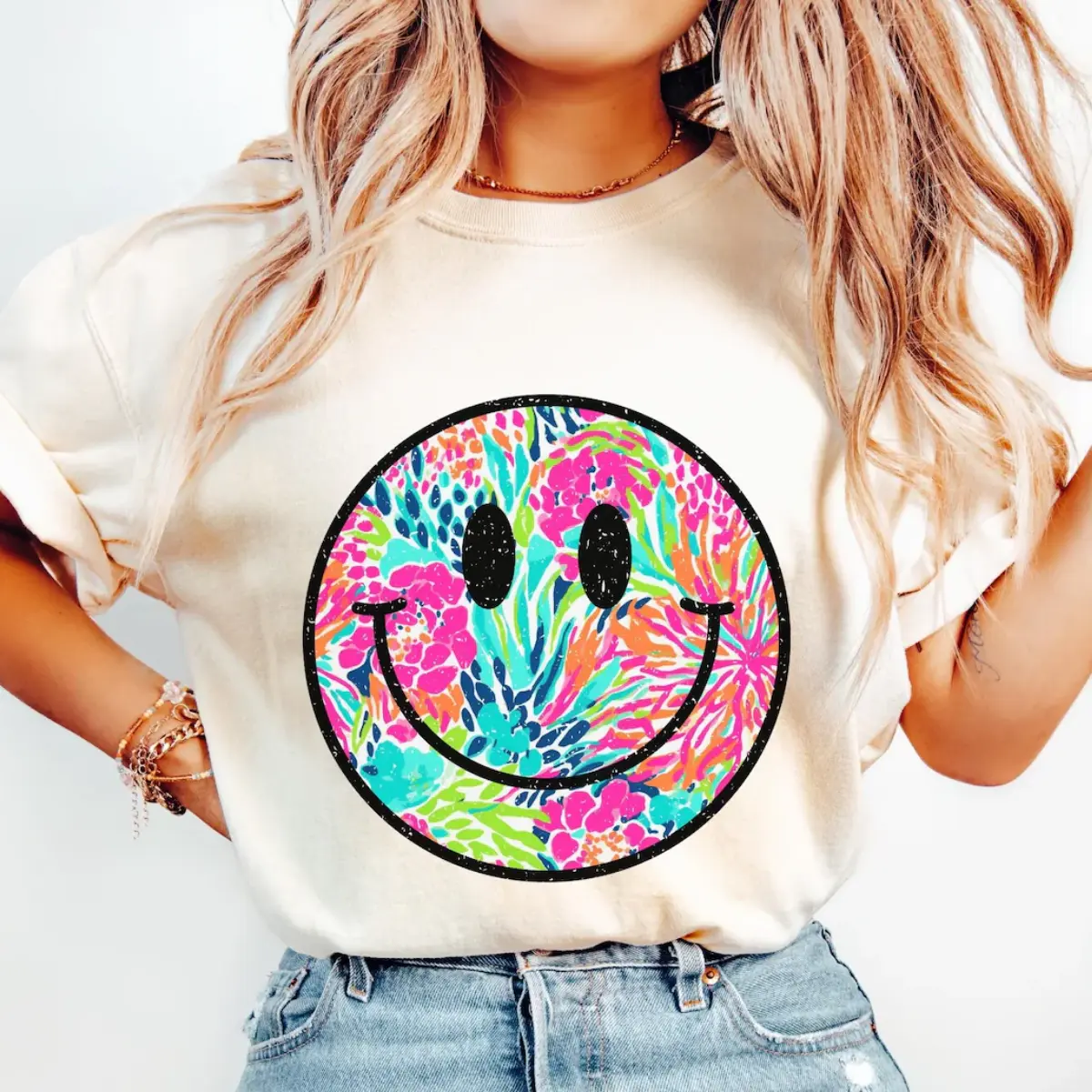 Smiley Face Floral Summer Smile Face Unisex T-Shirt Tropical Beach Vibes Unisex T-Shirt