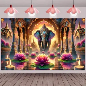 Ganesha and for Lotus Diwali Party Banner | Multi-Purpose Polyester Wall Hanging | Vibrant Indian Home Decor for Living Room, Bedroom, Studio | No Power Needed | Suitable for All Seasons, Indian Wedding Decorations Ornaments