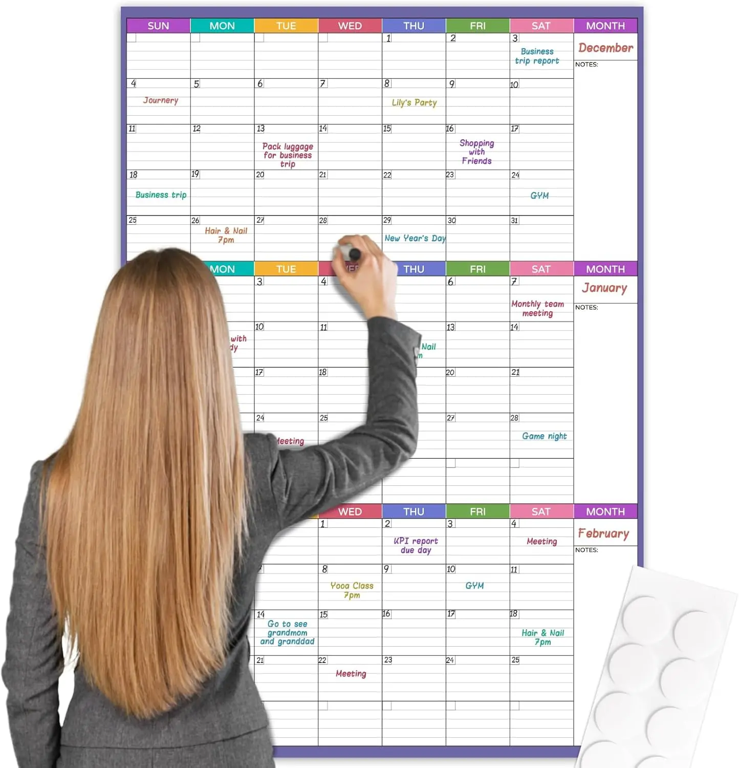 Large Dry Erase Calendar for Wall - Undated Wall Calendar Dry Erase, 28" x 40"  Erasable & Reusable Wall Calendar 3 Month with Round Stickers and Markers for Home, Office, Classroom and Gym Use, Blue