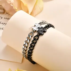 2pcs Puzzle Heart Stainless Steel Bracelets for Women Men, Matching Bracelets for Couples, Long Distance Relationship Gifts,