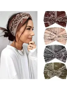 Women's Hairband Set of 4, Wide and Narrow Elastic Boho Headbands, Vintage Knot Design, for Sports, Yoga, Makeup, Spa, Daily Fashion