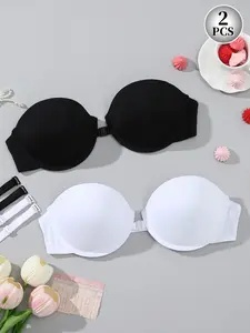 2-Pack Women's Front Buckle Strapless Bra, Push-Up Wire-Band Backless Bra, All-Season Everyday Wear, Sexy Medium Support, Lined, Plain Pattern