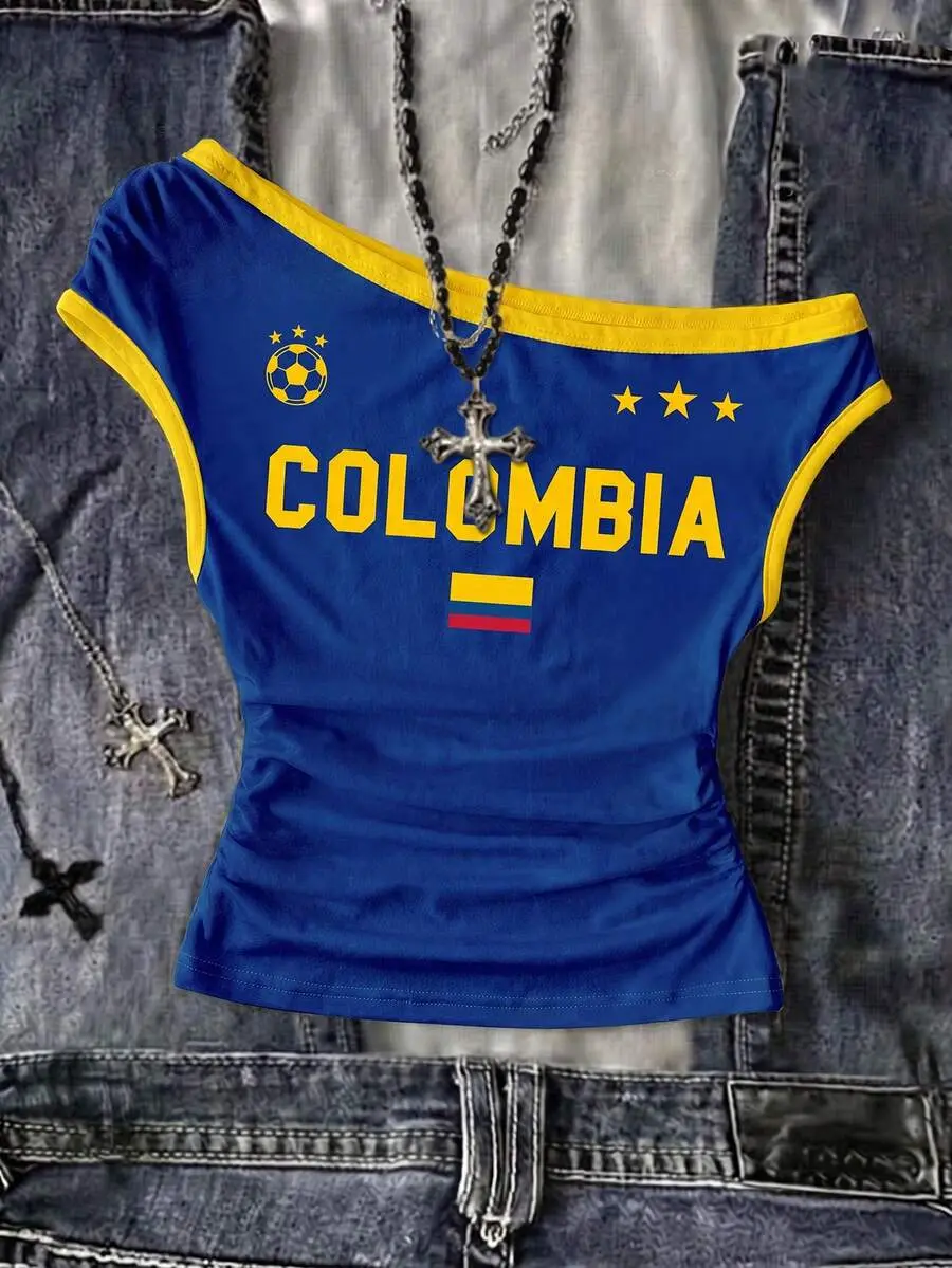 Attitoon Women's Colombia-Flag One-Shoulder Ruched Bilue Crop Top, Streetwear