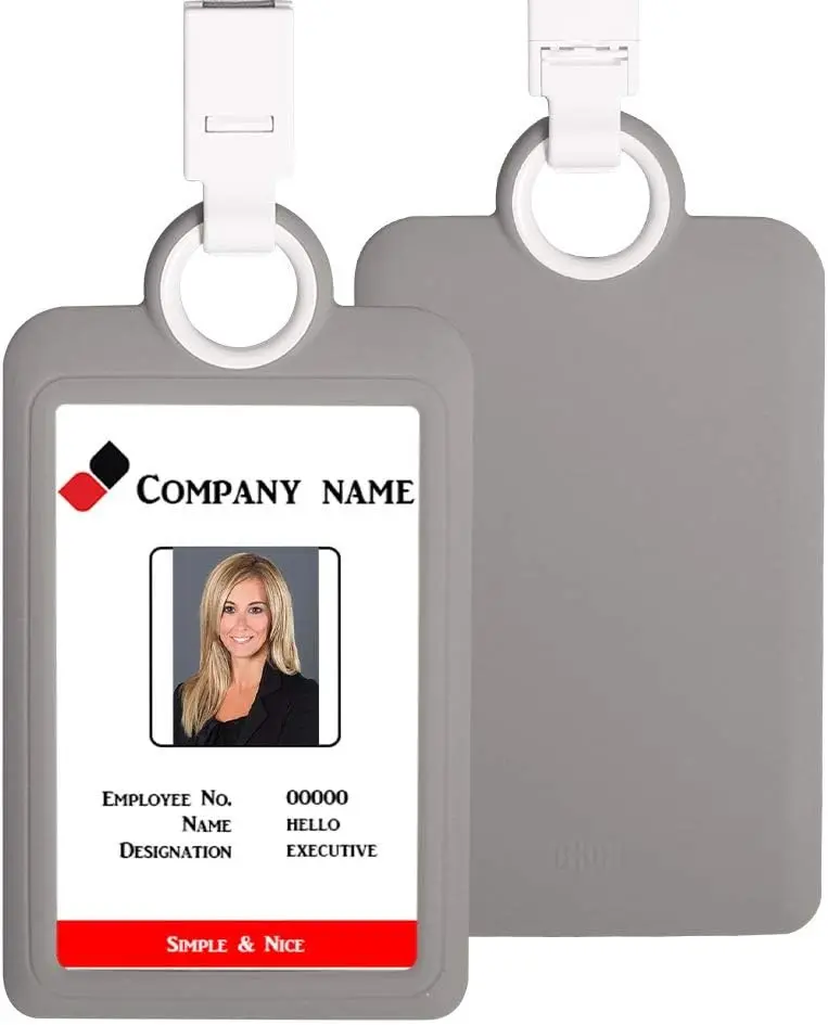 Vertical Silicon Badge ID Card Holder with Neck Lanyard Strap Heavy Duty for Office Business ID Cards Gray