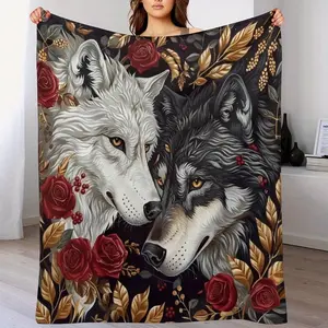 Love Wolf Natural Throw Blanket - 280g Soft Flannel, Wolf and Floral Wildlife Pattern, All-Season Warm Comfortable, Three Sizes (40x50 to 60x80inch ), For Bed, Sofa, or Home Decoration, Plush Blanket, Modern Style, One Side Printed, High-Quality Fabric