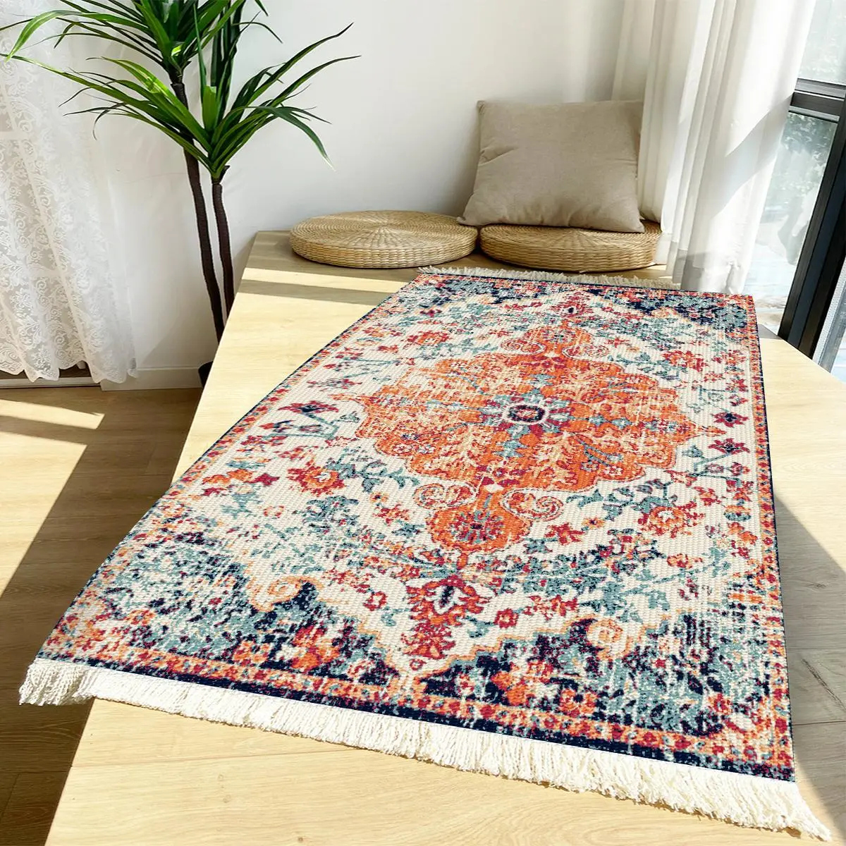 Scroll Print Tassel Trim Mat Area Rug, 1 Count Ethnic Pattern Boho Rectangle Dustproof Carpet For Living Room Decor, Non-Slip Durable Carpet For Home
