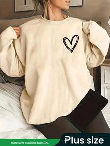 plus size women's casual sports shirt, heart print long sleeve round neck top, loose fit spring & fall fashion, everyday wear