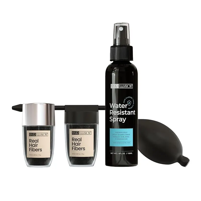 Hair Illusion 100% Real Hair Fibers Kit: 18g Black Fibers, Water Resistant Spray, Applicator Instant Natural Hair  Enhancement Sensitive Blend Non Synthetic