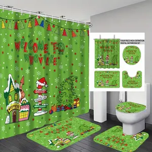 1/4pcs Christmas-themed shower curtain set with cottage and signpost designs, includes a non-slip mat, U-shaped rug, and toilet seat cover. for bathroom decoration, partitioning, and beautifying the space. with 12 hooks. Bathroom Decoration Accessories