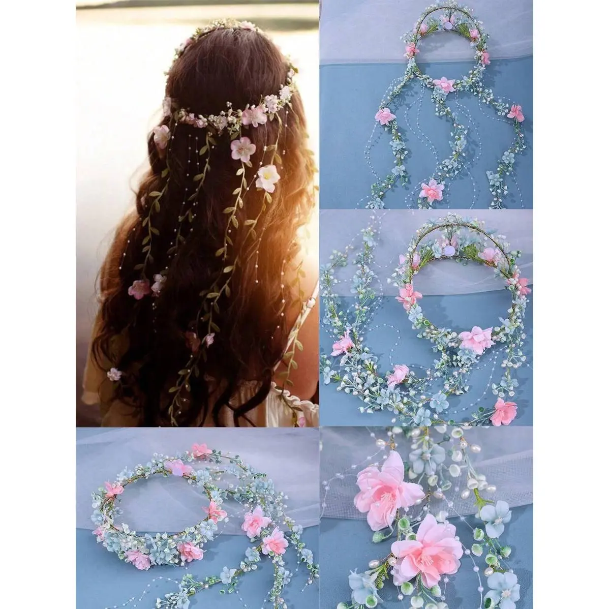 1pc Green Princess Flower Crown Headband - Boho Braided Wedding Hairpiece with Plants, Copper Alloy, Pearl Accents, Elegant Mountable Design for Weddings, Party Supplies