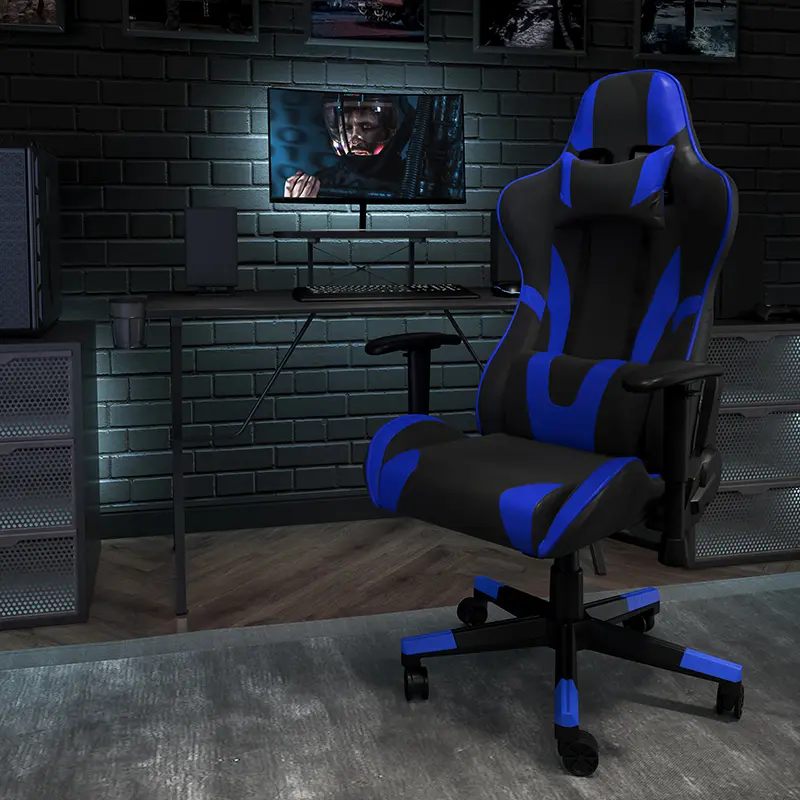 Flash Furniture CH-187230-BL-GG X30 Gaming Chair Racing Office Ergonomic Computer Chair with Reclining Back & Slide-Out Footrest, Blue LeatherSoft