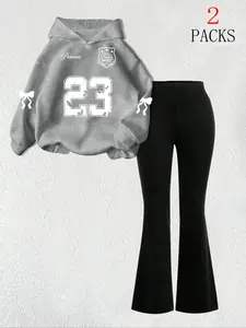 Women's Sweet Sporty Long Sleeve Hoodie, Sweatsuit Set, Athleisure Wear Set, Bow Tie Cuff Design, Slim Fit Bell Bottom Pants, Perfect for Travel and Home Office