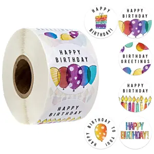 Happy Birthday Pattern Sticker Label (500pcs/roll), Round Self Adhesive Decorative Label Sticker, Decorative Sticker for Gift Greeting Card Water Bottle, Decal Sticker, Gift Wrapping Supplies