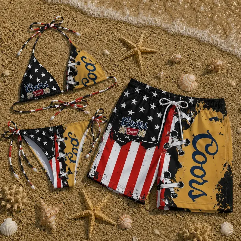 Coors Banquet USA Flag Matching Swimwear Set – Women’s Lace-Up Triangle Bikini & Men’s Beach Shorts, Couple Summer Vacation Outfit